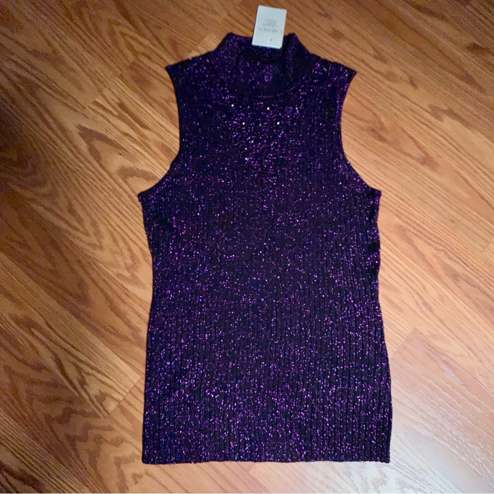 NWT Carmen Marc Valvo Amethyst Purple Shimmer Sparkle Rhinestone Mock Neck Top M